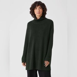 Eileen Fisher Merino Wool Turtleneck Tunic Sweater Medium Forest Green Oversized